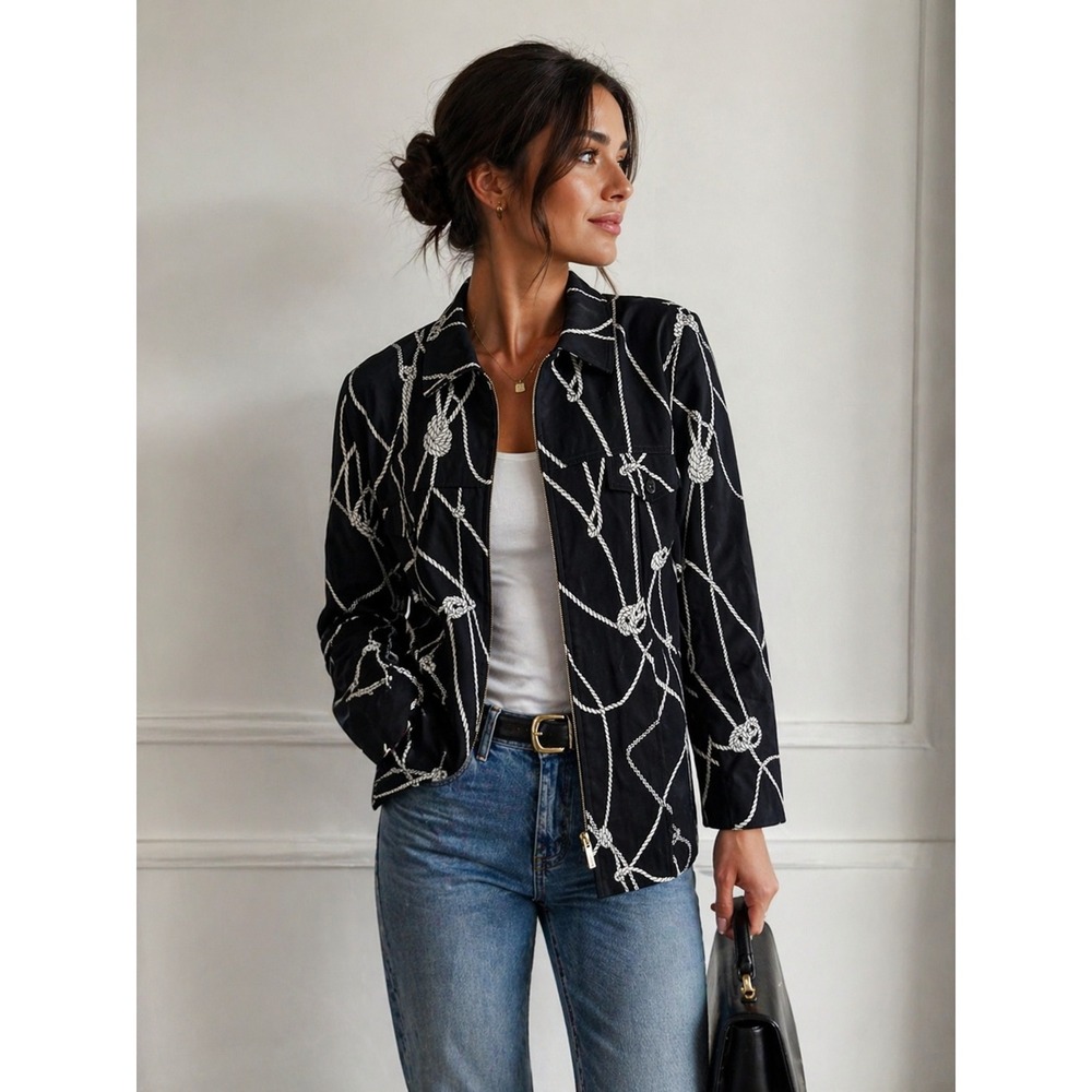Basler Club Womens Black White Nautical Rope Knot Print Zip Up Jacket Cotton 42